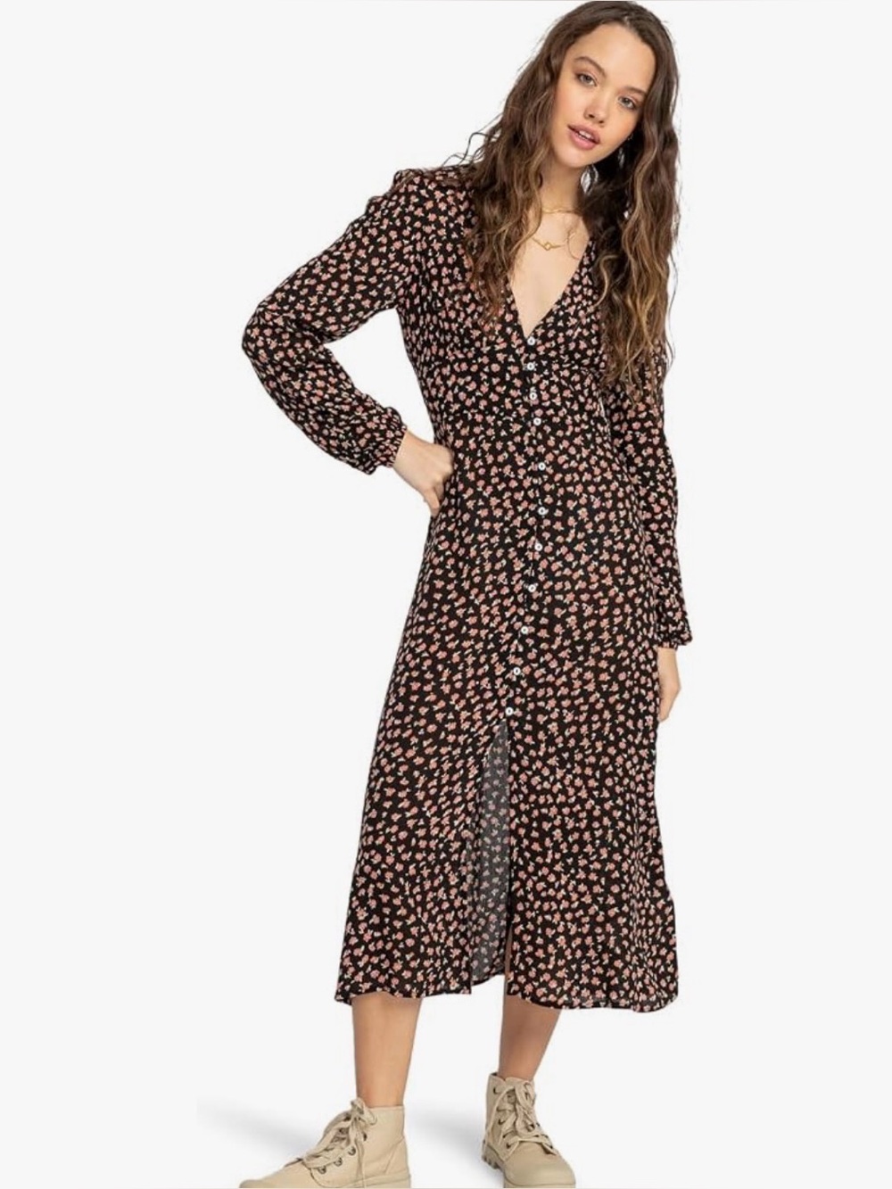 Billabong Cool Nights Floral Midi Dress Black Pink Smocked L